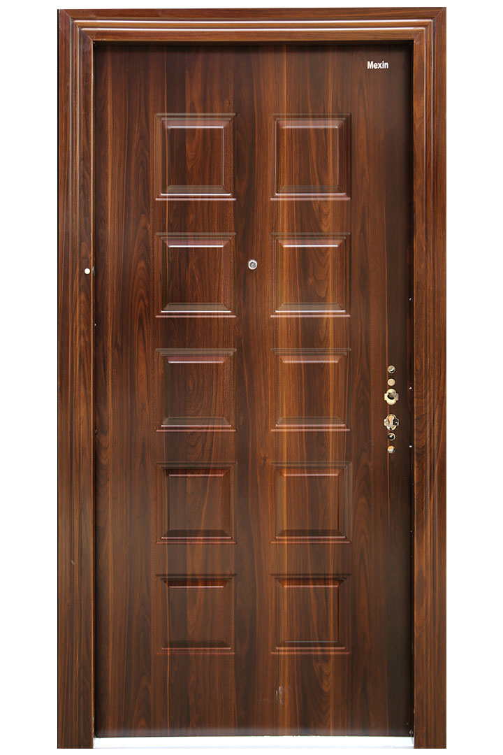 Film Coated Residential Steel Entrance Door - Wooden Finished Style - 3 Feet